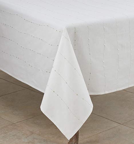 Fennco Styles Modern Silver Embroidery 100% Cotton Tablecloth - White Table Cover for Everyday Use, Dining Room Décor, Wedding, Special Events and Holiday
