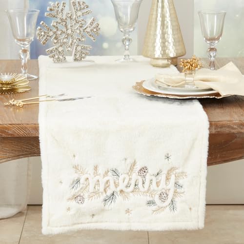 Fennco Styles Faux Fur Merry Table Runner 16" W x 72" L - White Holiday Plus Table Cover for Christmas, Winter Festivals, Banquets, Family Gatherings and Special Occasions