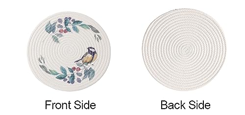 Fennco Styles Rabbit & Botanical Print Cotton Blend Woven Placemats 12" Round, Set of 4 - Cartoon Animal Design White Table Mats for Home Décor, Dining Table, Banquet, Holiday and Family Gathering