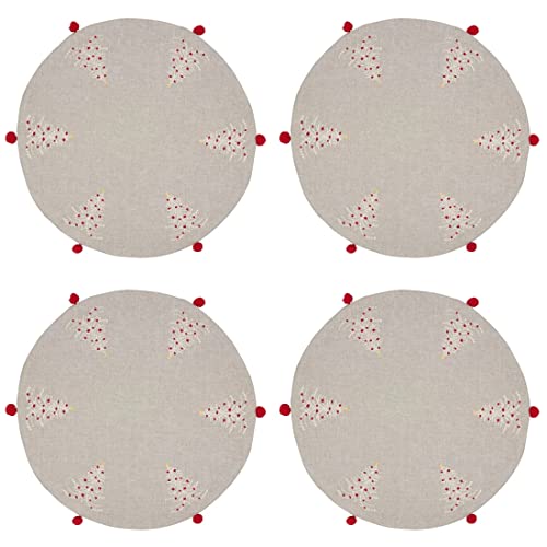 Fennco Styles Embroidered Christmas Trees Design Placemats with Tassel 14" Round, Set of 4