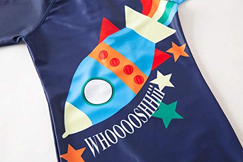 stylesilove Little Boys Rocket Rainbow One-Piece Rash Guard Swimsuit & Sun Hat 2pcs Set Navy Bathing Suit Beach Swimwear