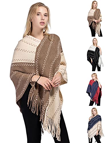 stylesilove Women Two-Tone Asymmetrical Fringe Knitted Pullover Poncho Sweater Cozy Wrap Shawl for Winter and Fall
