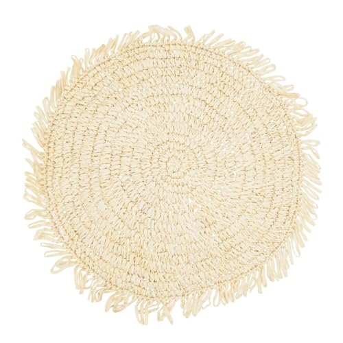 Fennco Styles Raffia Fringe Placemat 14" Round, Set of 4 - Black Woven Rustic Table Mat for Home, Dining Room, Banquets, Boho Decor, Family Gathering and Special Occasion