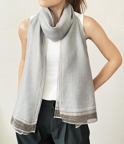 stylesilove Women Shimmering Striped Scarf Silk-like Scarves Ultra Lightweight Soft Shawl Neck Wraps