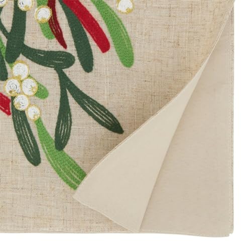 Fennco Styles Merry Christmas Ribbon Table Runner 16" W x 70" L - Natural Festive Linen Blend Table Cover for Winter Holidays Décor, Dining Table, Banquet, Family Gathering, and Special Occasions