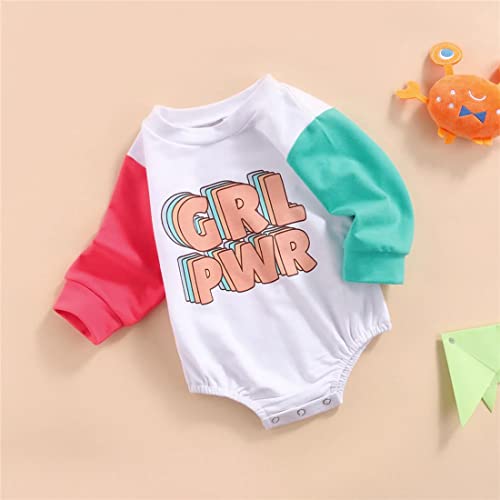 stylesilove Infant Baby Girl PWR Color Block Long Sleeve Cotton Sweatshirt Romper Toddler Girls Oversized Jumpsuit