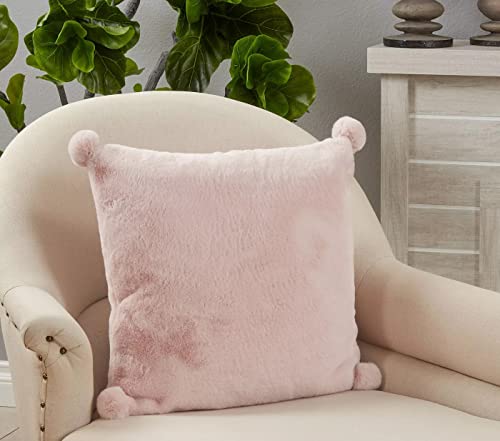 Fennco Styles Plush Faux Rabbit Fur Pom Pom Decorative Filled Throw Pillow 18" W x 18" L – Grey Cushion for Couch, Bedroom, Living Room and Office Décor