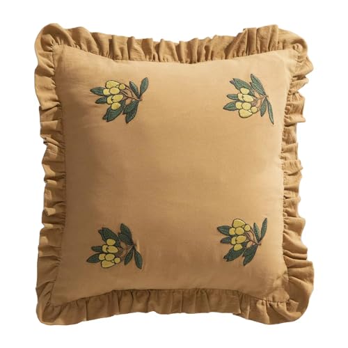 Fennco Styles Loquat Embroidered Double Layer Ruffle Throw Pillow Cover 18" W x 18" L - Vintage Pink Cotton Cushion Case for Home, Couch, Living Room, Bedroom, Office and Holiday Décor