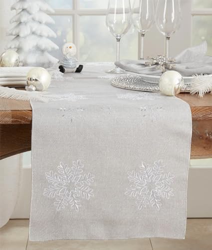 Fennco Styles Embroidered Snowflake Holiday Tablecloth - Silver Elegant Table Cover for Home Décor, Everyday Use, Christmas, Weddings and Special Events