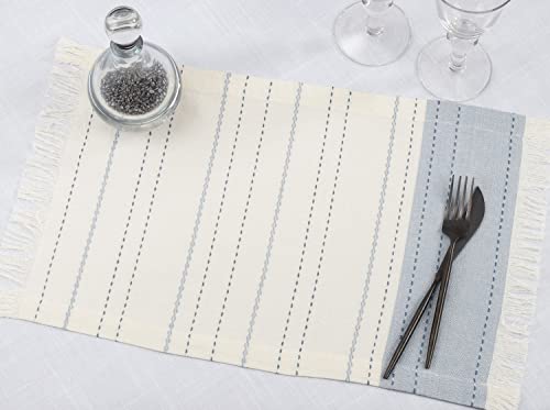 Fennco Styles Dobby Striped Cotton Fringe Table Runner 14" W x 72" L - Blue Line Design Table Cover for Home Décor, Holiday, Banquet, Family Gathering and Special Occasion