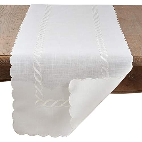 Fennco Styles Abigail Collection Embroidered Braid Pattern Ocean Waves Linen Blend Tablecloth
