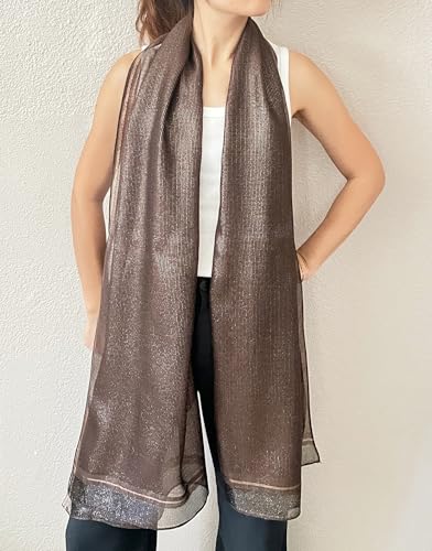 stylesilove Women Shimmering Striped Scarf Silk-like Scarves Ultra Lightweight Soft Shawl Neck Wraps