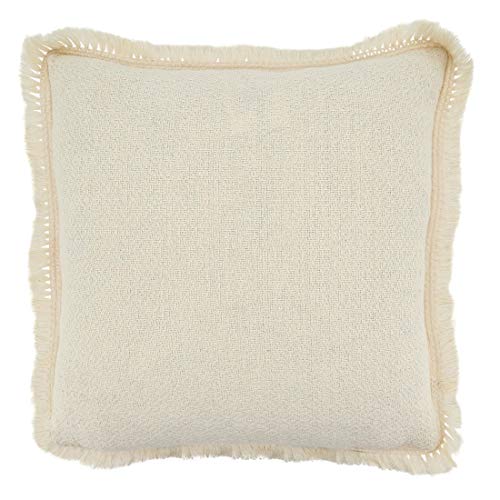 Fennco Styles Delicate Flower Fringe Applique Cotton Decorative Throw Pillow Cover & Insert 18 x 18 Inch - Ivory Accent Pillow for Home, Couch, Living Room and Everyday Décor