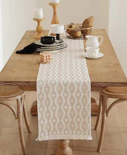 Fennco Styles Modern Diamond Woven Table Runner 14" W x 72" L - Ivory Geometric Fringe Table Mats for Dining Room, Banquets, Family Gatherings, and Holidays