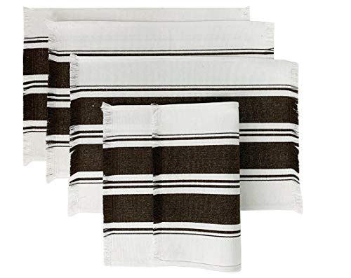 Fennco Styles Netural Stripes Fringe Canvas Cotton Table Runner 14 x 71 Inch - Grey Striped Table Cover for Home Décor, Dining Table, Farmhouse, Everyday Use and Special Occasion