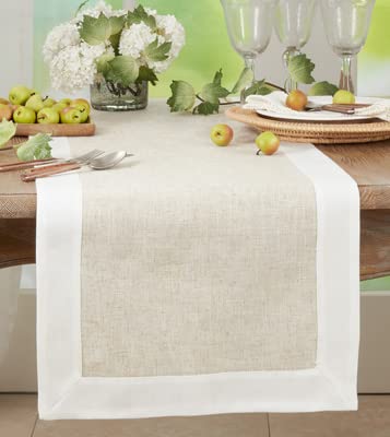 Fennco Styles Natural & White Two-Tone Banded Border Table Runner 16 x 72 Inch - Classic Table Cover for Everyday Use, Banquets, Family Gathering and Special Events