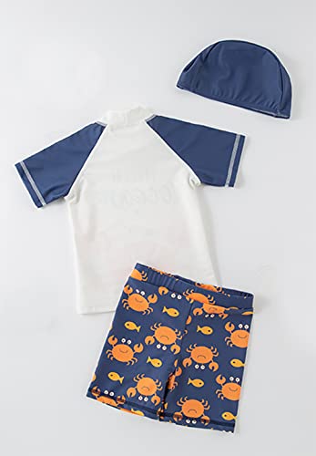 Styles I Love Kid Boys Hello Ocean & Crab Short Sleeve Rash Guard Set and Hat 3pcs White Swimsuit Beach Bathing Suit