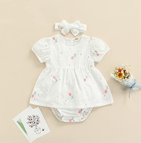 stylesilove Infant Baby Girls Eyelet Flower Embroidered Dress, Bloomers, Headband 3pcs Outfit White Short Sleeve Cotton Dress