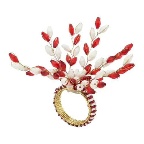 Fennco Styles Glamorous Beaded Festive Decorative Napkin Rings, Set of 4 - Red & White Holiday Napkin Holders for Dining Table, Banquets, Christmas Décor and Special Occasions