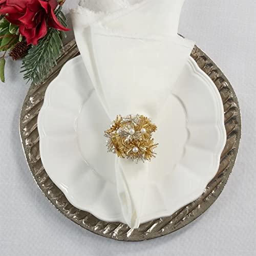 Fennco Styles Hand Beaded Flower Metal Napkin Rings, Set of 4 - Green Decorative Napkin Holders for Christmas, Home, Dining Room, Banquet, Family Gathering, Holiday and Special Occasion