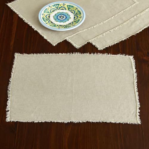Fennco Styles Stonewashed Fringe Design 100% Linen Placemats 14" W X 20" L, Set of 4