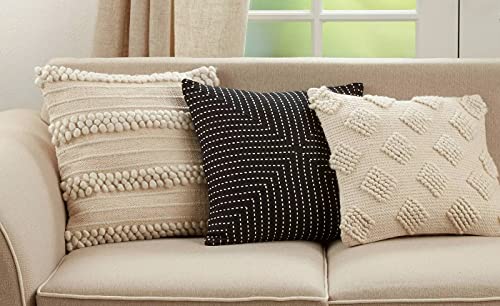 Fennco Styles Stitched Patchwork Cotton Decorative Throw Pillow 18" W x 18" L - Black Square Cushion for Home, Couch, Office, Bedroom and Living Room Décor