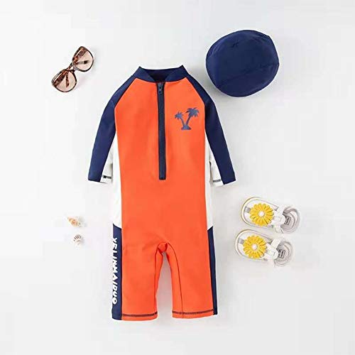 Styles I Love Kid Boys Palm Tree Orange Long Sleeve One-Piece Zipper Rash Guard Swimsuit with Swim Hat 2pcs Beach Swimwear