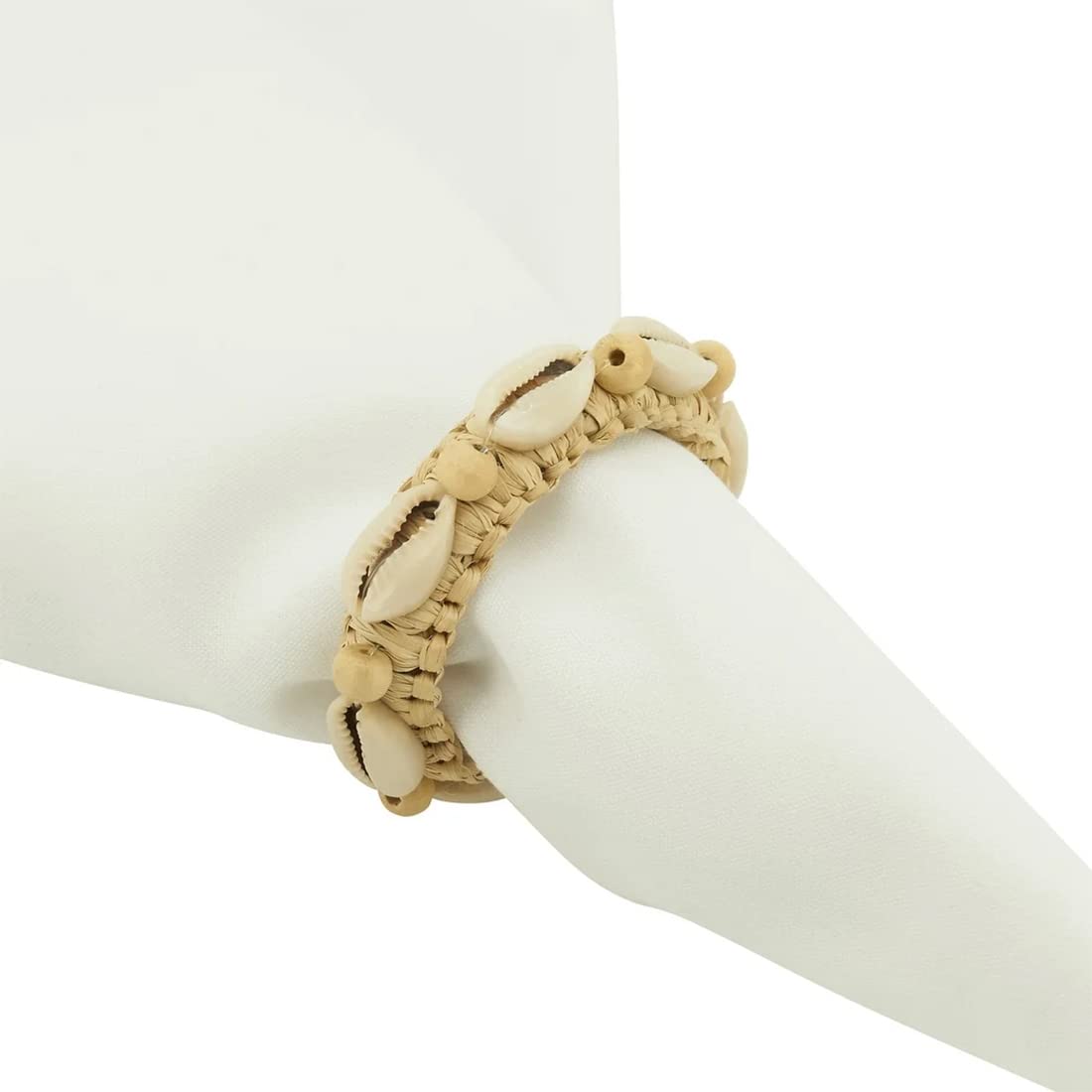 Fennco Styles Handmade Seashell Water Hyacinth Napkin Rings, Set of 4 - Natural Coastal Napkin Holders for Home, Dining Table, Banquets, Holidays and Special Events