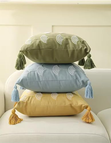 Fennco Styles Hand Beaded Embroidery Ginkgo Leaf Throw Pillow with Tassel 18" W x 18" L - Green Leaves Cotton Cushion for Home, Couch, Living Room, Bedroom and Office Décor