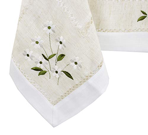 Fennco Styles Farmhouse Embroidered Daisy Hemstitched Tablecloth - Natural 55 x 55 Inch Table Cover for Banquets, Holiday, Special Events and Home Décor