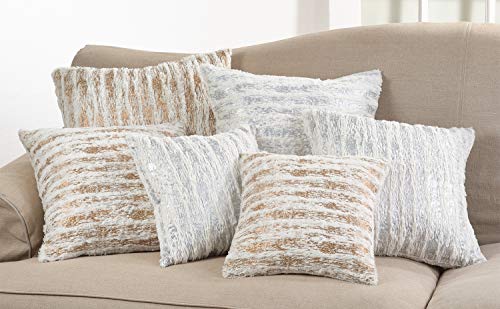 Fennco Styles Brushed Metallic Foil Collection Glamorous Faux Fur 15 x 15 Inch Throw Pillow with Case & Insert – Silver Throw Pillow for Couch, Bedroom and Living Room Décor