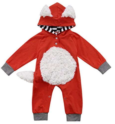 stylesilove Unisex Baby Boy and Girl Orange Fox Long Sleeve Hooded Romper with Tail Animal Design Toddler Jumpsuit
