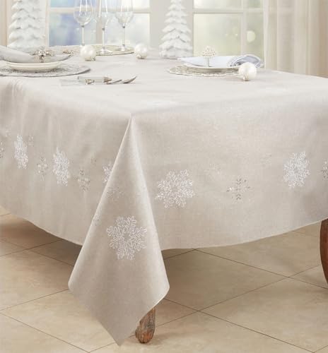 Fennco Styles Embroidered Snowflake Holiday Tablecloth - Silver Elegant Table Cover for Home Décor, Everyday Use, Christmas, Weddings and Special Events