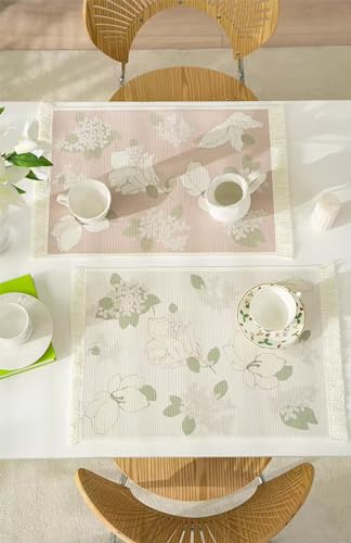 Fennco Styles Wildflowers Printed with Fringe Placemats 14" W x 19" L, Set of 4 - Pink Floral Table Mats for Dining Room, Banquets, Family Gatherings, and Holidays