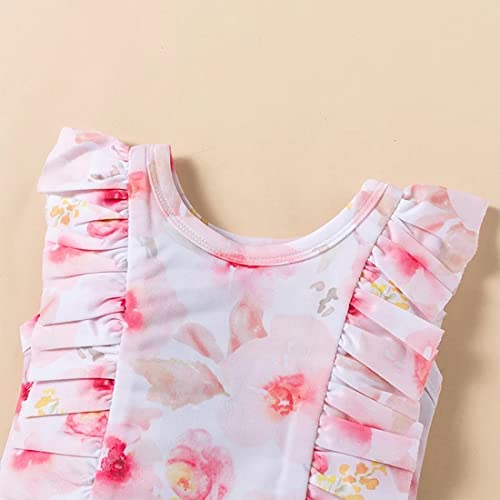 stylesilove Baby Toddler Girls Watercolor Floral Print Ruffled One-Piece Swimsuit & Headband Pink Bathing Suit Beach Swimwear
