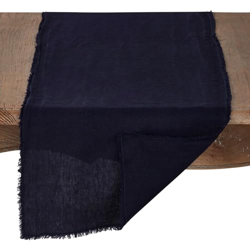 Fennco Styles Stonewashed with Fringe Border Table Runner 16" W x 72" L - 100% Linen Solid Color Table Cover for Home, Dining Table Décor, Holidays, Banquets, and Special Occasions