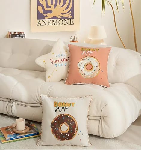 Fennco Styles Cute Embroidered Donut Design Throw Pillow Cover 18" W x 18" L - White Novelty Cushion Case for Home, Couch, Sofa, Bedroom, Kids Room, Playroom and Office Décor