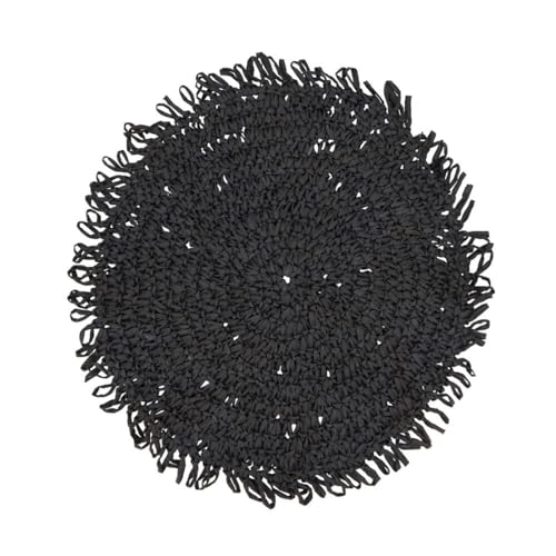 Fennco Styles Raffia Fringe Placemat 14" Round, Set of 4 - Black Woven Rustic Table Mat for Home, Dining Room, Banquets, Boho Decor, Family Gathering and Special Occasion