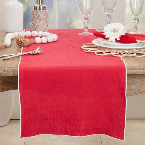 Fennco Styles Stonewashed Stitch Border Table Runner 16" W x 72" L - 100% Linen Solid Color Table Cover for Home, Dining Table Décor, Holidays, Banquets, and Special Occasions