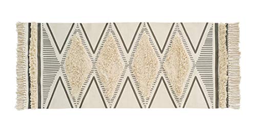 Fennco Styles Ivory Black Chevron Diamond Print Woven Tassel Area Rug - 27" W x 63" L Hand-Tufted Fringe Small Rug for Home Décor, Bedroom, Entryway Mat, Floor Décor