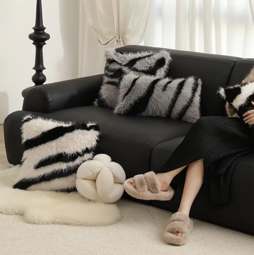 Fennco Styles Zebra Faux Fur Animal Design Decorative Throw Pillow Cover 18" W x 18" L – Black Stripe Plush Cushion Case for Couch, Bedroom, Living Room and Office Décor