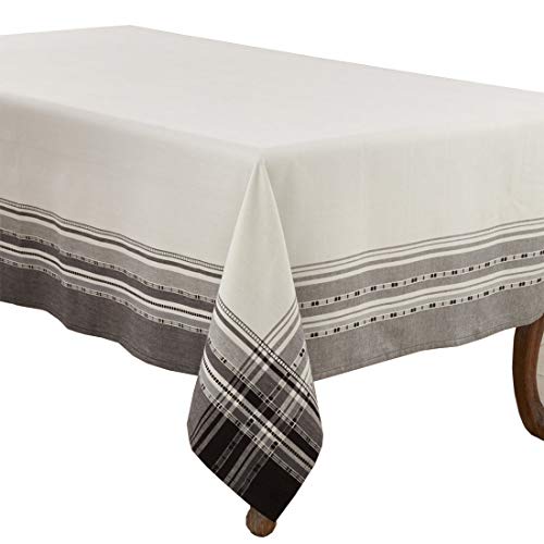 Fennco Styles Neutral Cotton Tablecloth with Plaid Border Design - Grey Border Table Cover for Home Décor, Dining Table, Banquets and Special Occasion