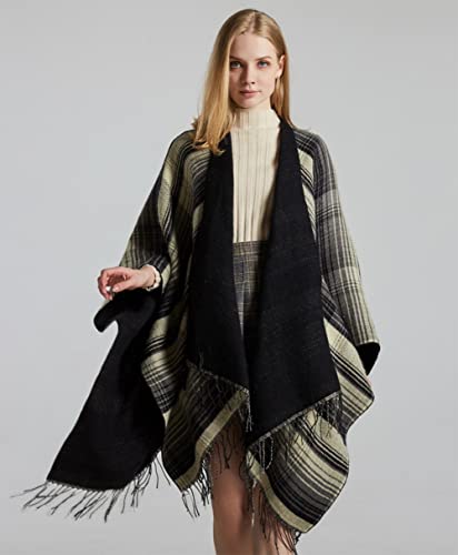 stylesilove Women Reversible Plaid Fringe Knitted Open Front Poncho Cape Oversized Cardigan Fall Winter Wrap Shawl