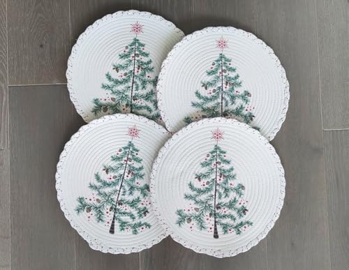 Fennco Styles Holiday Tree Printed Woven Placemats 15" Round, Set of 4 - Multicolored Cotton Blend Table Mats for Christmas Home Décor, Dining Table, Winter Gatherings