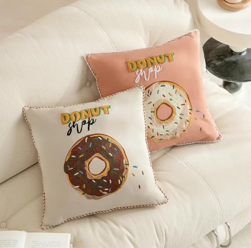 Fennco Styles Cute Embroidered Donut Design Throw Pillow Cover 18" W x 18" L - White Novelty Cushion Case for Home, Couch, Sofa, Bedroom, Kids Room, Playroom and Office Décor