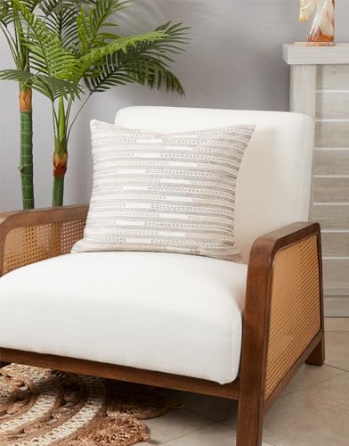 Fennco Styles Stitched Stripe Decorative Cotton Throw Pillow Cover 18" W x 18" L - Ivory Woven Modern Square Cushion Case for Home, Couch, Bedroom, Living Room and Office Décor