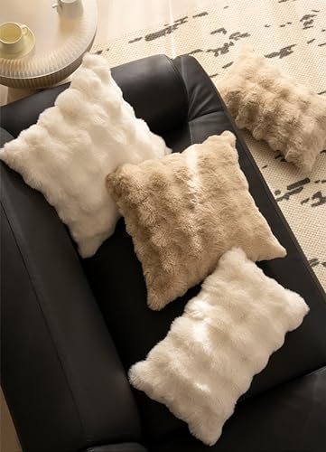 Fennco Styles Luxury Faux Fur Decorative Filled Throw Pillow 18" W x 18" L – Ivory Plush Fluffy Cushion for Couch, Bedroom, Living Room and Office Décor