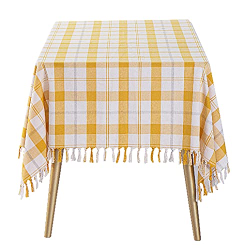 Fennco Styles Cotton Blend Woven Plaid Tassels Tablecloth 56" W x 40" L - Yellow & White Table Cover for Banquets, Holidays, Special Events, Home Décor and Everyday Use