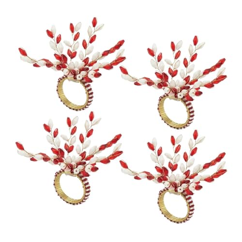 Fennco Styles Glamorous Beaded Festive Decorative Napkin Rings, Set of 4 - Red & White Holiday Napkin Holders for Dining Table, Banquets, Christmas Décor and Special Occasions