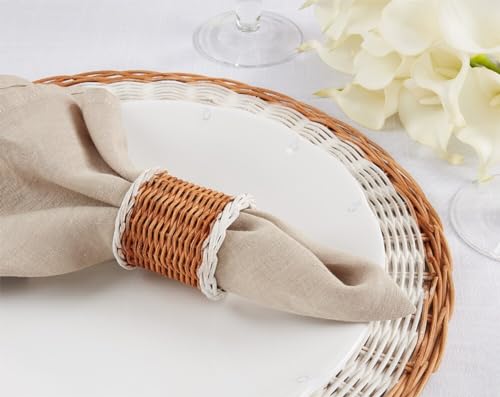 Fennco Styles Rustic Two-Tone Woven Rattan Napkin Rings, Set of 4 - White Handmade Napkin Holders for Home, Farmhouse Décor, Banquets, Family Gathering and Special Occasion